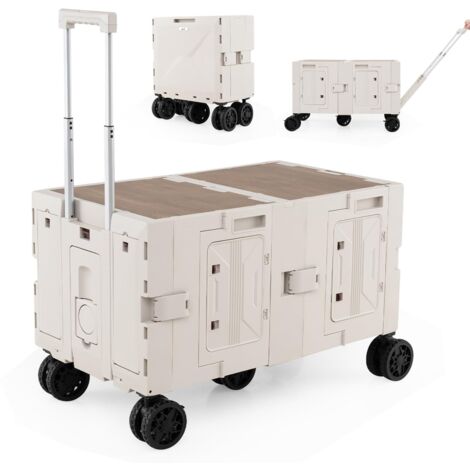 Carrello da spiaggia pieghevole grande con contenitori a 2 livelli, carrello portatile con 5 ruote girevoli e manico telescopico in metallo, bianco
