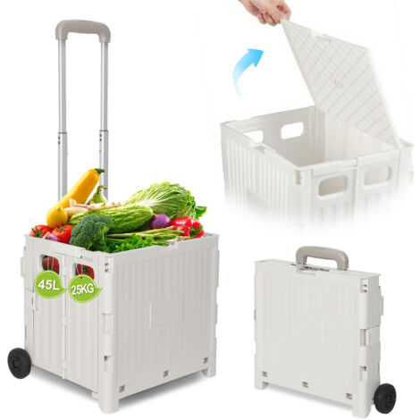 Carrello della spesa pieghevole a 2 ruote da 45 litri con manico telescopico e coperchio per viaggi, shopping e traslochi (bianco)