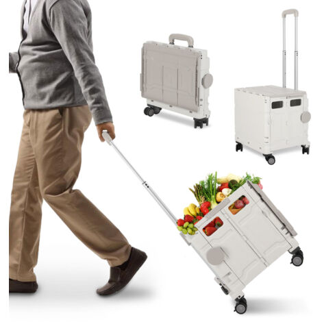 Carrello della spesa pieghevole a 4 ruote da 50 litri con manico telescopico e coperchio per viaggi, shopping e traslochi (bianco)