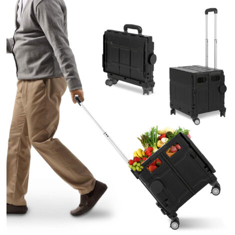 Carrello della spesa pieghevole a 4 ruote da 50 litri con manico telescopico e coperchio per viaggi, shopping e traslochi (nero)