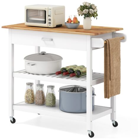 Carrello di servizio a 3 livelli con piano in legno e 2 ripiani aperti Isola cucina Bianco