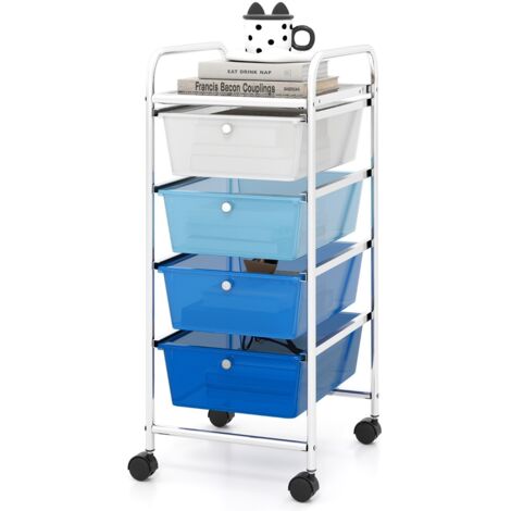 Carrello di stoccaggio mobile con ruote in plastica e telaio in metallo resistente 4 cassetti Blu
