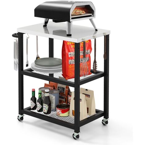 Carrello grill da esterno a 3 piani su ruote Supporto forno pizza acciaio inossidabile Nero