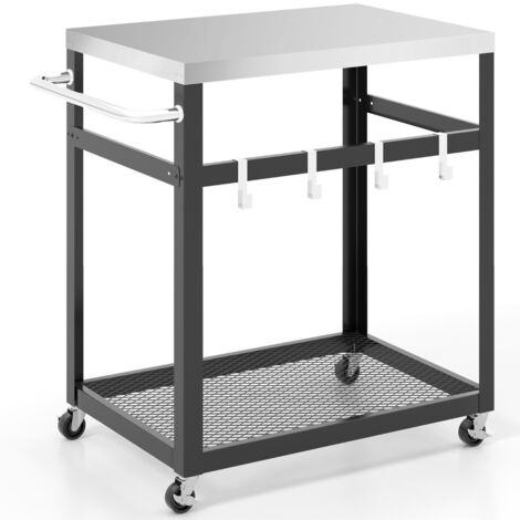Carrello in acciaio inossidabile a 2 livelli con ruote e maniglia Tavolo forno pizza 4 ganci Nero