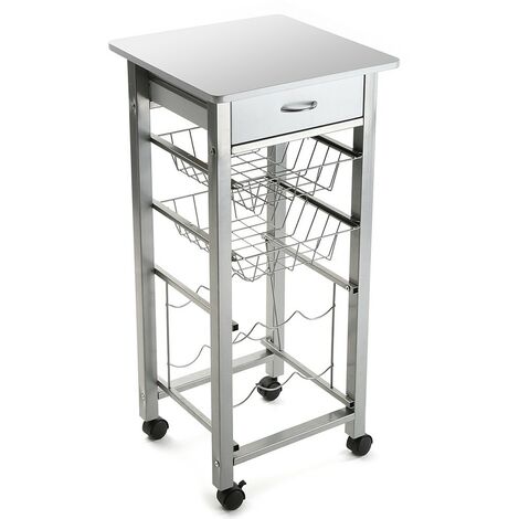 Carrello in acciaio portatutto da cucina con portabottiglie 2 cestini cassetto