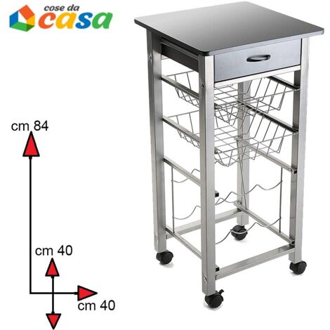 Carrello in acciaio portatutto da cucina con portabottiglie 2 cestini cassetto