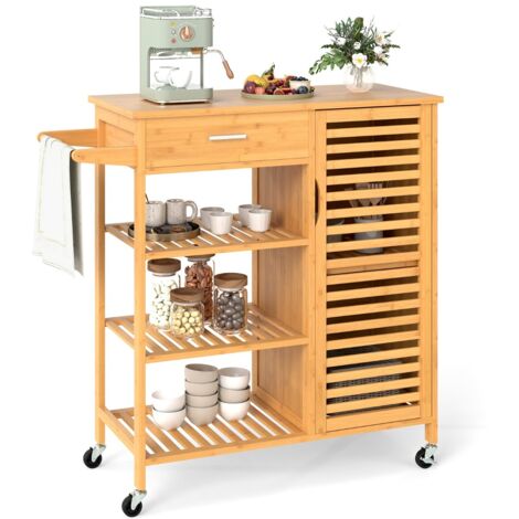 Carrello isola cucina in bambù con cassetto e 3 ripiani aperti, Tavolo cucina mobile per sala da pranzo Naturale