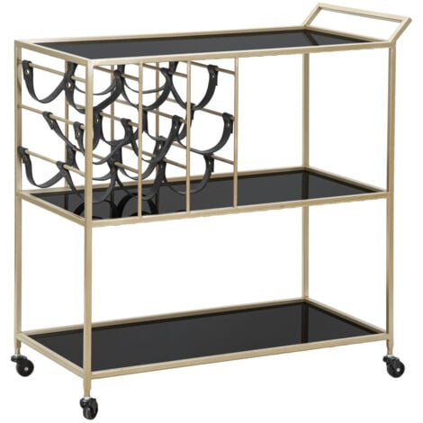 Carrello MF5, Metallo, Vetro, PU, Oro, Nero, 79x39,5x82 cm