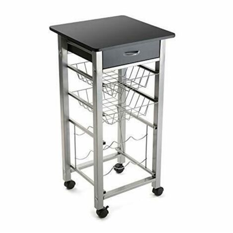 Carrello nero in acciaio portatutto da cucina con portabottiglie 2 cestini cassetto