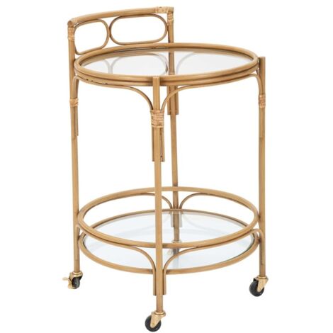 Carrello "Panama" rotondo in metallo e rattan ripiani in vetro con ruote per interni