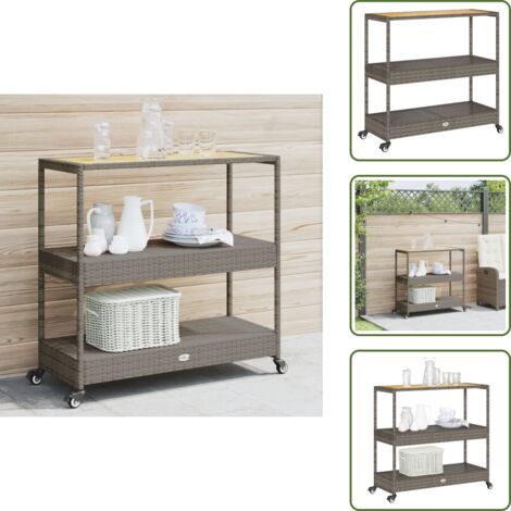 Carrello per tè - vidaXL Carrello da Bar 3 Livelli Grigio Polyrattan e Massello Acacia - Carrello da esterno
