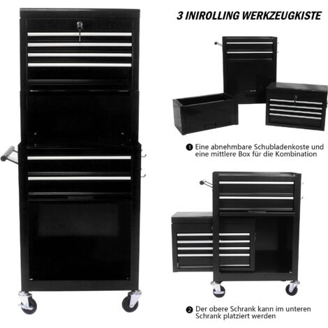 Carrello per Utensili 53x33x133 cm, 6 Cassetti da 100 kg, con Ruote Bloccabili, in Acciaio, Nero, per Officina e Garage