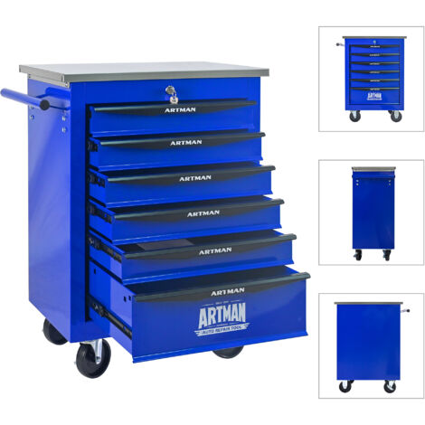 Carrello per Utensili 56.6x34.5x78 cm, 6 Cassetti, con Ruote Bloccabili, in Acciaio, Blu, per Officina e Garage