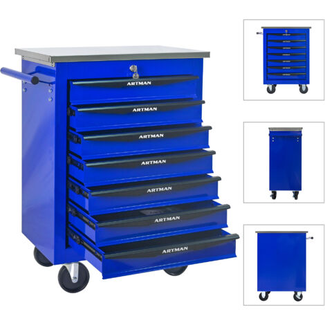 Carrello per Utensili 56.6x34.5x78 cm, 7 Cassetti, con Ruote Bloccabili, in Acciaio, Blu, per Officina e Garage