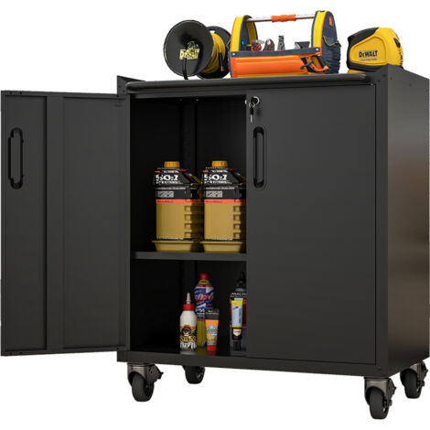 Carrello per Utensili 75x34.542x88 cm, 2 Ante e 2 Ripiani, con Ruote Bloccabili, in Metallo, Nero, per Officina e Garage
