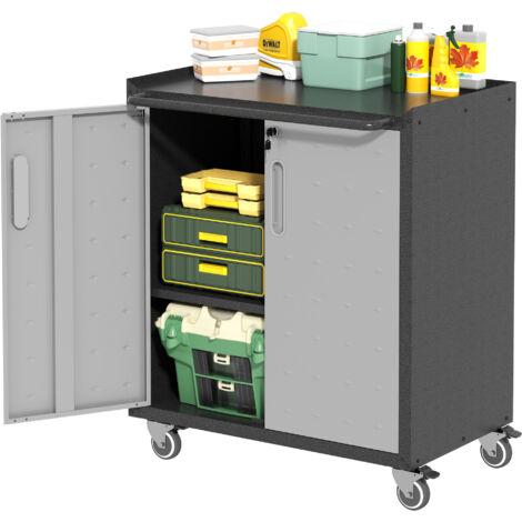 Carrello per Utensili 75x42x88 cm, Mobile per Utensili con Ruote, 2 Ante, Facile da Spostare e Bloccare, in Metallo, Nero
