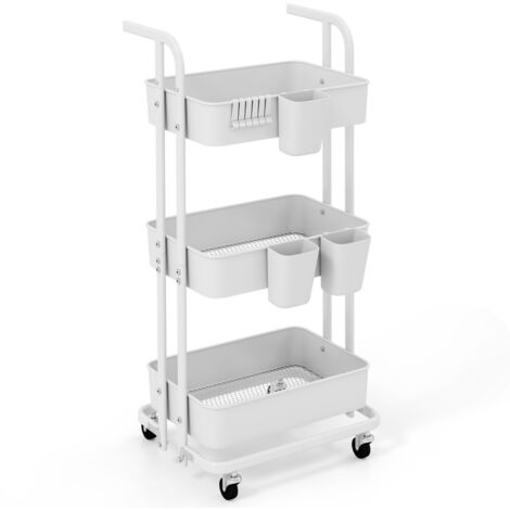 Carrello pieghevole a tre ripiani con ganci e ruote bloccabili, Carrello utilitario mobile per cucina e ufficio