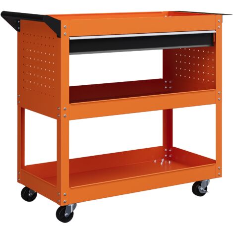 Carrello Porta Attrezzi con Manico Laterale 3 Ripiani e Cassetto 82x35x76 cm in Acciaio Arancione