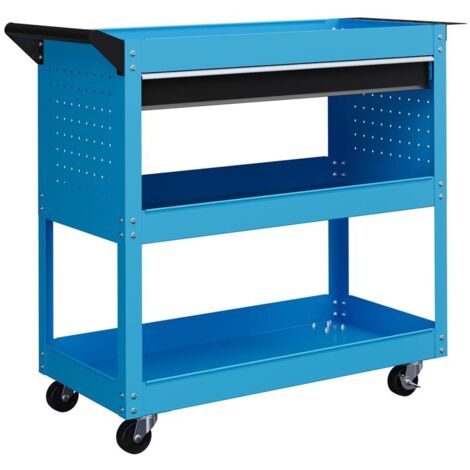 CARRELLO PORTA ATTREZZI CON MANICO LATERALE. CASSETTO E 3 RIPIANI IN ACCIAIO. 82X35X76 CM. BLU