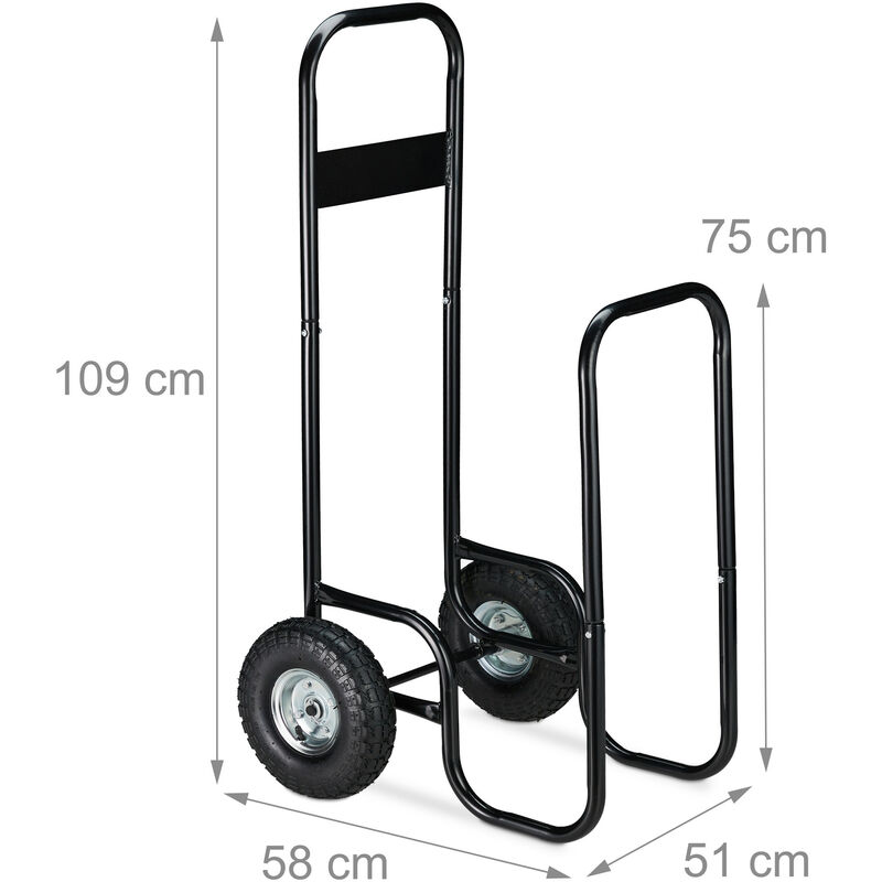 60 kg Relaxdays Carrello Porta Legna in Metallo Carrellino Trasporto Nero Telo Resistente alle Intemperie 2 Ruote