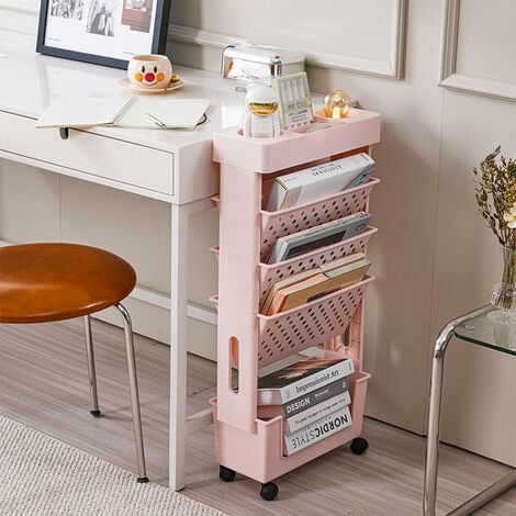 Libreria verticale cameretta bambina 4 ripiani in legno bianco e rosa cm  50x35x170h