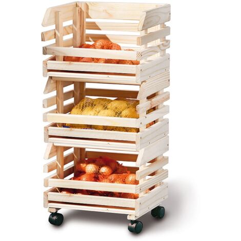 CARRELLO PORTAFRUTTA IN LEGNO DI PINO CON RUOTE 37X30X80CM