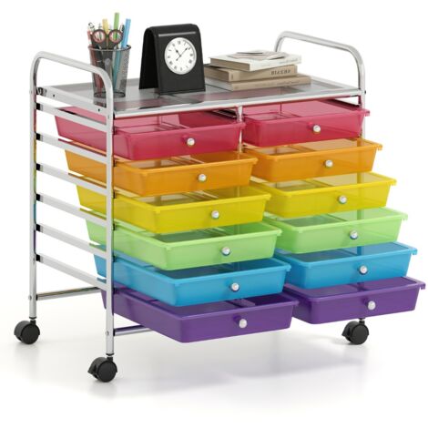Carrello portaoggetti con 12 cassetti e ampio piano di lavoro Cassettiera con 4 ruote Multicolore Trasparente