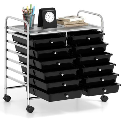 Carrello portaoggetti con 12 cassetti e ampio piano di lavoro Cassettiera con 4 ruote Nero