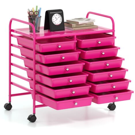 Carrello portaoggetti con 12 cassetti e ampio piano di lavoro Cassettiera con 4 ruote Rosa