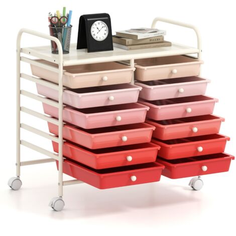 Carrello portaoggetti con 12 cassetti e ampio piano di lavoro Cassettiera con 4 ruote Rosa Sfumato