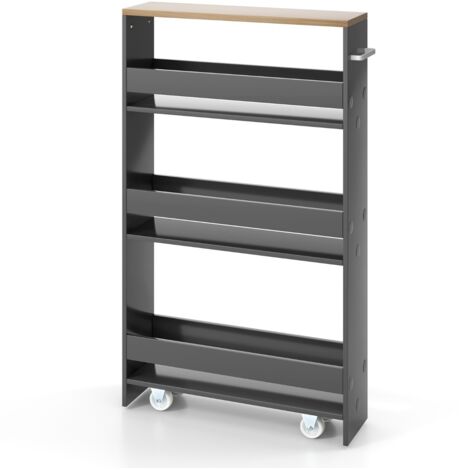 Carrello portaoggetti da cucina con maniglia ruote, Scaffale mobile salvaspazio con scaffali stretti Grigio