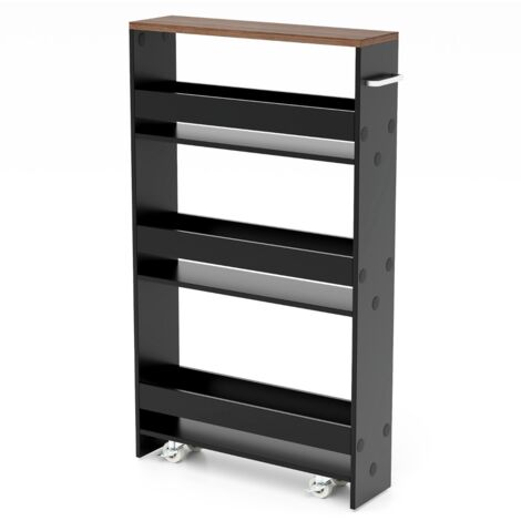 Carrello portaoggetti da cucina con maniglia ruote, Scaffale mobile salvaspazio con scaffali stretti Marrone