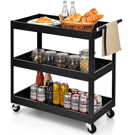 Carrello portaoggetti in metallo a 3 ripiani con maniglia ergonomica e ruote universali, carrello di servizio per garage e magazzino, nero