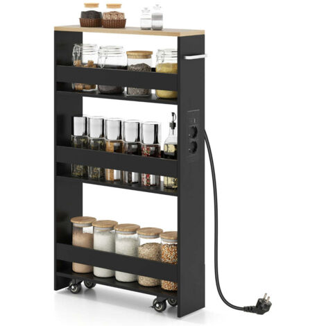 Relaxdays Carrello Salvaspazio Per Nicchie 4 Ripiani, Bianco Con Effetto Legno, Per Bagno E Cucina, Su Rotelle