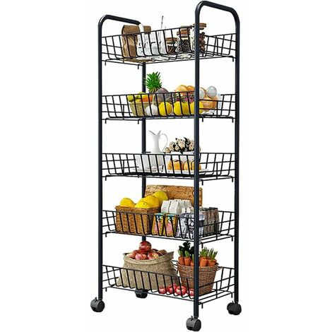 Carrello Portaoggetti su Ruote, 5 Cesti, Ripiano Mobile, Salvaspazio, Adatto per Bagno, Cucina, Ufficio, Biblioteca