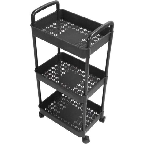 Carrello portaoggetti Ulisem in plastica nera di grande capacità con ruote, carrello multiuso a 3 livelli, facile da installare per camera da letto, bagno, soggiorno, cucina