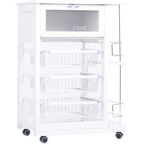 Carrello portapane con portabottiglie e cesti portafrutta Bianco
