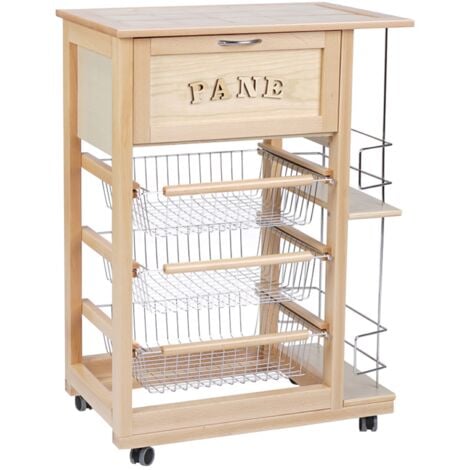 Carrello portapane con portabottiglie e cesti portafrutta Naturale