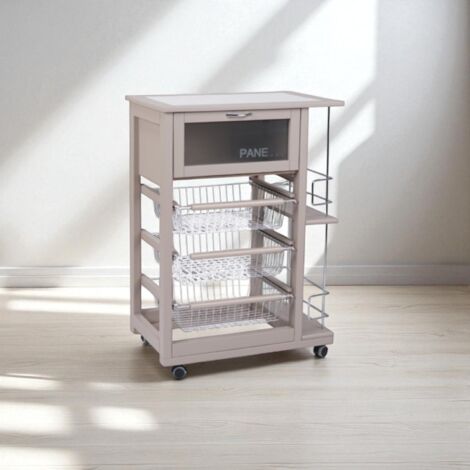 Carrello portapane con portabottiglie e cesti portafrutta Tortora