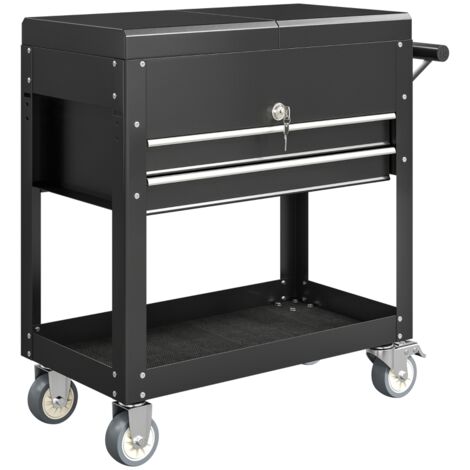 Carrello portautensili con cassetti e piano di lavoro, chiudibile a chiave, con maniglia, carrello portautensili in acciaio, nero