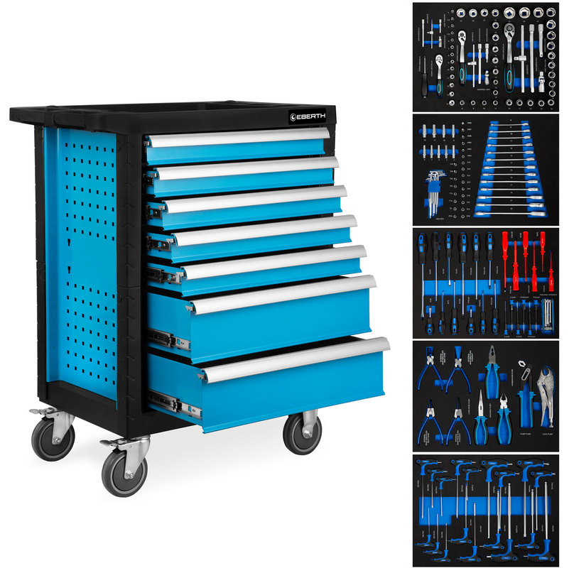 Image of Carrello officina blu incl. utensili (7 cassetti con cuscinetti a sfera, 5 cassetti con attrezzi, bloccabili, 2 ruote girevoli, freno di