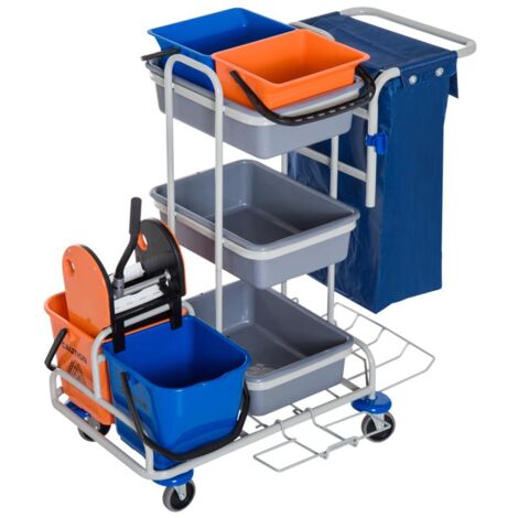CARRELLO PROFESSIONALE CON 4 SECCHI GRIGIO. BLU E ARANCIONE CON STRIZZATORE