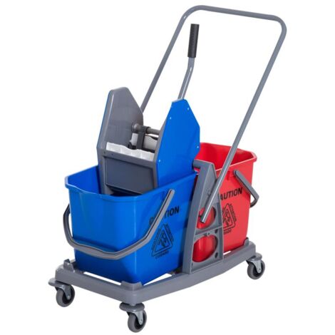CARRELLO PROFESSIONALE CON STRIZZATORE E 2 SECCHI IN CLORE BLU E ROSSO
