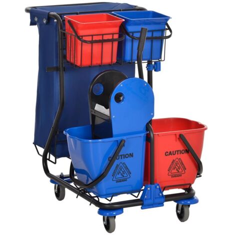CARRELLO PULIZIE CON SACCO PER IMMONDIZIA. 4 SECCHI E STRIZZATORE PER MOCIO. 93X80X97 CM. ROSSO BLU E NERO