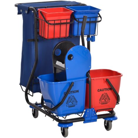 Carrello Pulizie Professionale 4 Secchi Strizzatore e Sacco Rosso Blu e Nero
