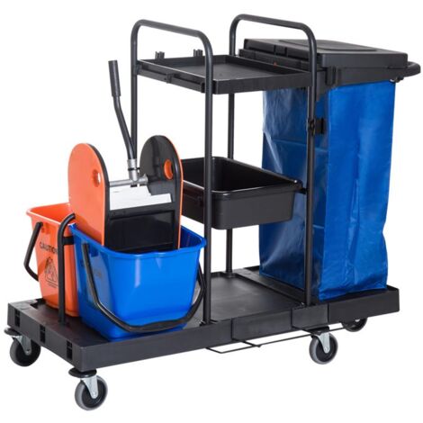 CARRELLO PULIZIE PROFESSIONALE MULTIUSO CON 2 SECCHI CAPACITÀ 18L E RUOTE BLU