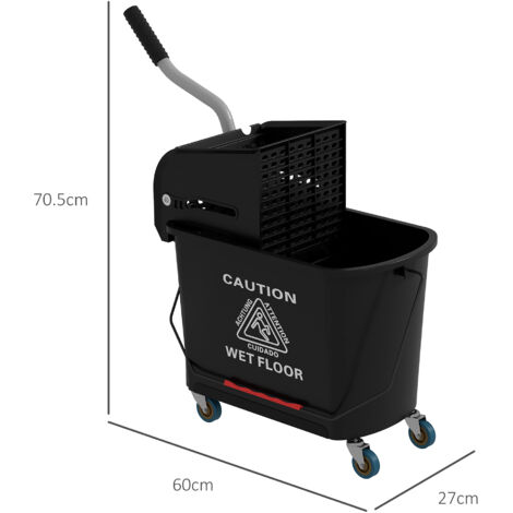 Carrello Pulizie Professionali da 20L con Secchio per Mocio, Carrello Lavapavimenti con Strizzatore, Pannello di Separazione, Maniglia e 4 Ruote in Plastica, 60x27x70.5 cm, Nero