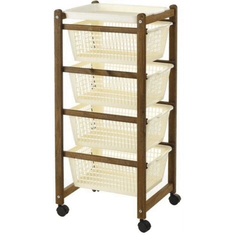 Carrello salvaspazio noce in legno cestini plastica cm 36 X 30 X 82 H CM