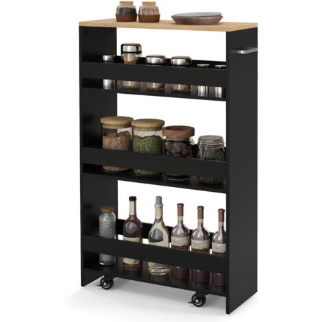 Carrello sottile da 20cm con ruote e ripiani aperti Carrello utilitario estraibile da cucina a 4 ripiani Nero