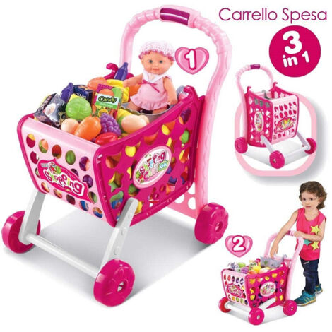 Carrello Spesa Supermarket Per Bambini Rosa Azzurro Con Frutta E Verdura 3in1